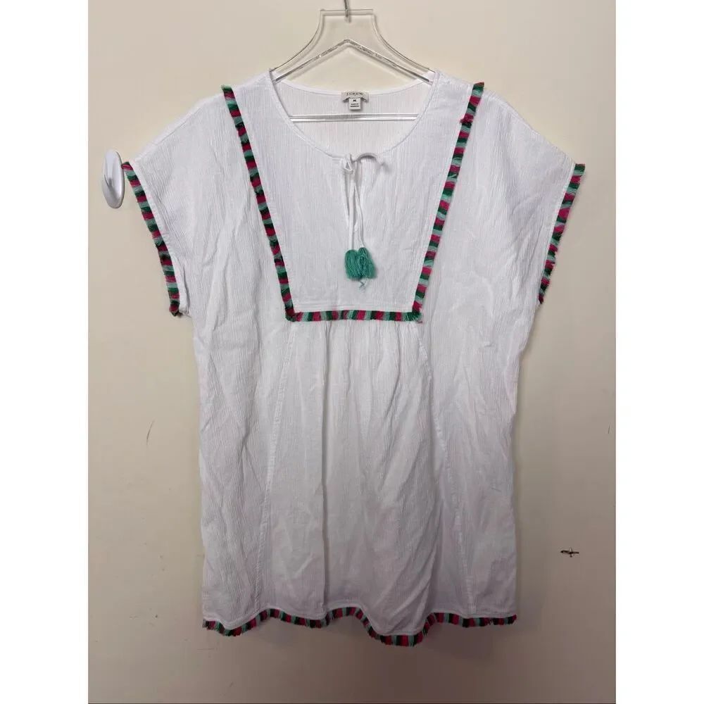 J.Crew G4885 White Fringe Beach Swim Cover Up Tunic Tassel Tie Neck Size M